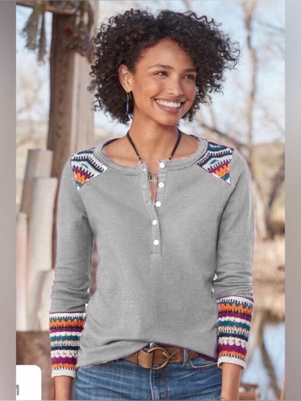 Sundance Vintage Vibes Henley with Multicolor Crochet Trim